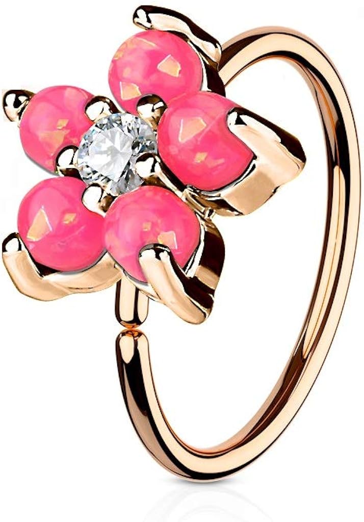 Pierced Owl - 20GA Rose Gold Plated Synthetic Opal Glitter Set CZ Crystal Flower Hoop Ring