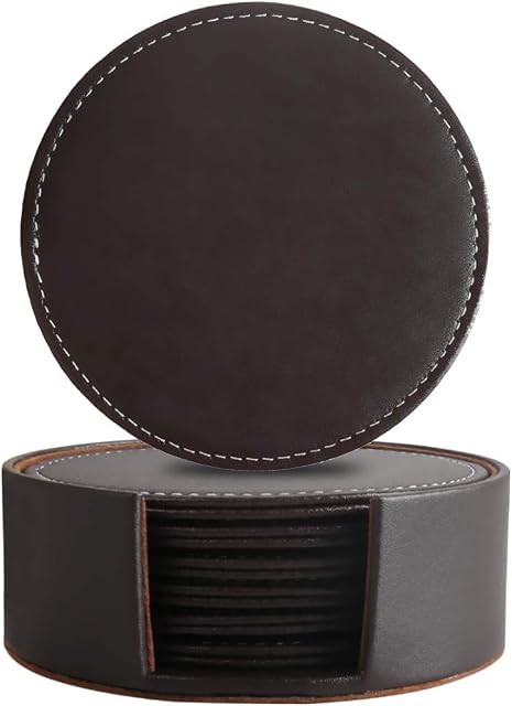 Leather Coasters for Drinks with Holder Set of 6,Coffee Mats Protect Furniture from Hot or Cold Water Marks & Damage, PU Leather Drink Coasters Suitable for Kinds of Mugs and Cups (Round Brown)