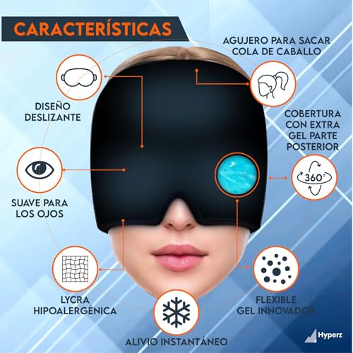 Hyperz - Migraine Headache Cap Cold Gel Headache Cryotherapy Migraine Relief Compression Cap Headache Hat Ice Cap Eye Gel Mask One Size