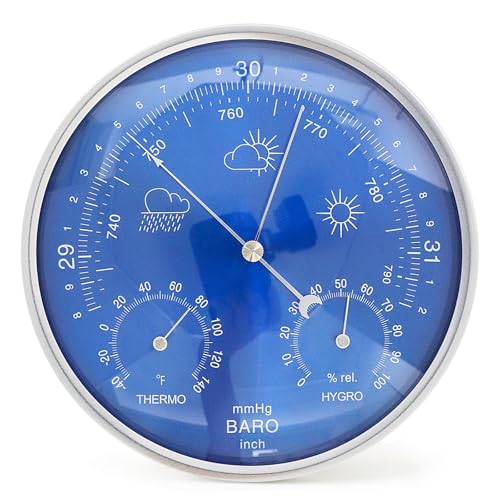 Traditional Weather Station Indoor,3-in-1 Wall Hanging Barometer Thermometer Hygrometer,Ø6.9″ Aluminium Alloy Frame Accurate Weather Station for Home Office Wall Decor