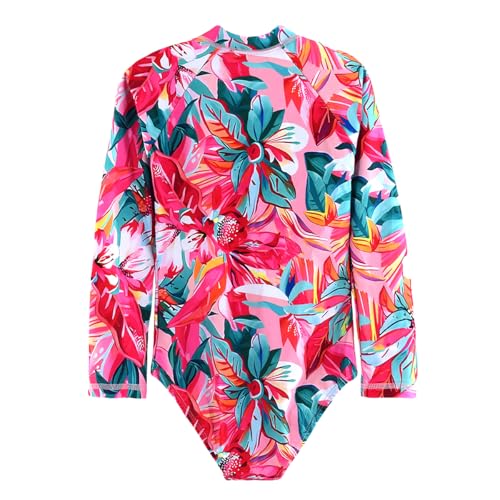 Image of Girls Long Sleeve One Piece Swimsuit Rash Guard Swimwear Zipper Quick Dry Bathing Suits Sun Protection UPF 50+ (Ages 4-12)