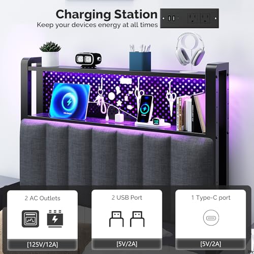 Image of VINGLI Twin or Twin XL Size Headboard, Adjustable Upholstered Headboard with 2 Tier Shelves and Pegboard with Charging Stations and LED Lights, Modern Bed Headboard with Storage for Bedroom Decor