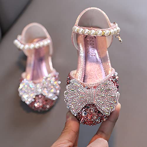 Princess Shoes for Kids Fashion Summer Girls Sandals Dress Performance Dance Shoes Shiny Rhinestone Sequin Bow Pearl (Pink-a, 29)3