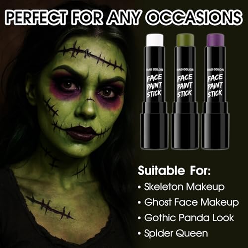 Image of BADCOLOR 3PCS White Ogre Green Purple Face Body Paint Stick Makeup for Beetle-juice / Frankenstein SFX Cosplay & Dress Up, Full-Coverage Halloween Facepaint Makeup Kit