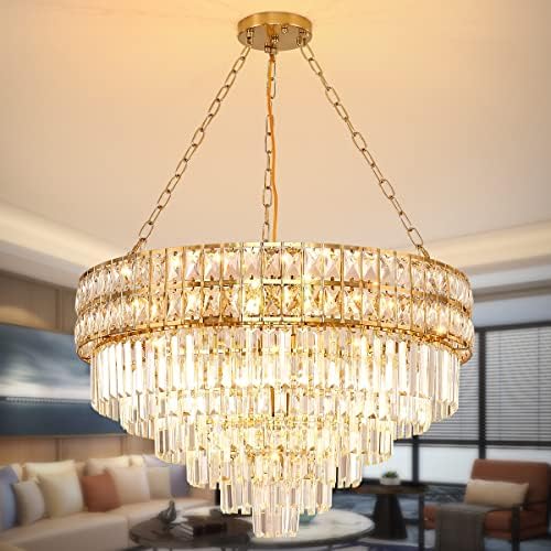 AOOCHOK Modern Crystal Chandelier Gold Finish Light Fixture, Round