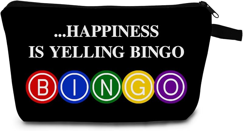 Necessaire MoCaliduccious com estampa Happiness Is Yelling Bingo, preta, fechamento com zíper