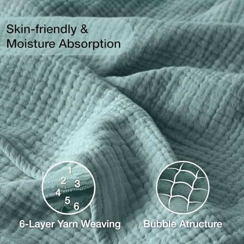 100% Cotton Muslin Blanket Large 50" x 70", 6 Layers Breathable and Lightweight Cotton Throw Blanket for Bed and Couch, Soft Quilt Bedspread, Gauze Blanket for Adults All Season, Teal