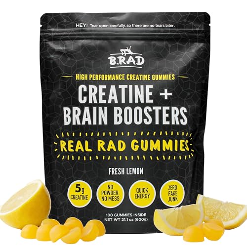 Image of B.rad Real Rad Creatine Gummies | 5g Creatine Monohydrate Per Serving | with Alpha GPC, L-Theanine, L-Tyrosine, L-Citrulline & Panax Ginseng | Natural Lemon Flavor | 100 XL Gummies