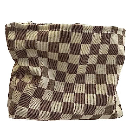 cirea 1/2/3Pcs Brown Checkered Makeup Bags Small Zipper Cosmetic Bag for Purse Corduroy Cute Make Up Pouch Travel (Light Brown)