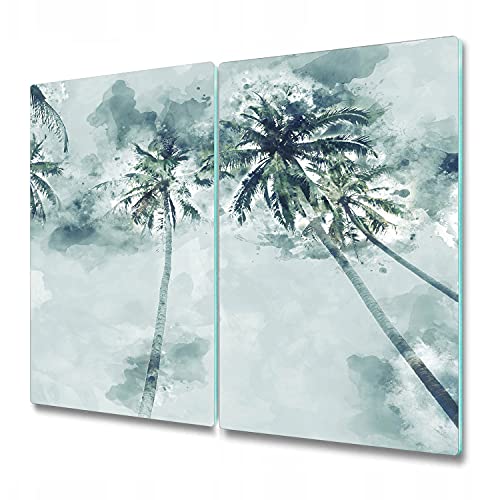 Coloray Planche À Découper Verre Trempé 2x30x52 cm Double Tapis de Découpe Protection Plaque de Cuisine Induction Cuisson - Palmier de coco de coco en vert tropic ion vert