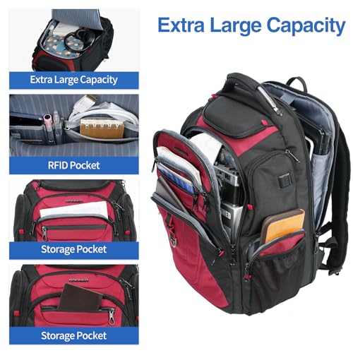 Image of KROSER TSA Friendly Travel Laptop Backpack 17.3 inch XXXL Gaming Backpack Water-Repellent College Daypack Business Backpack with RFID Pockets & USB Port for Men /Women-Black /Red
