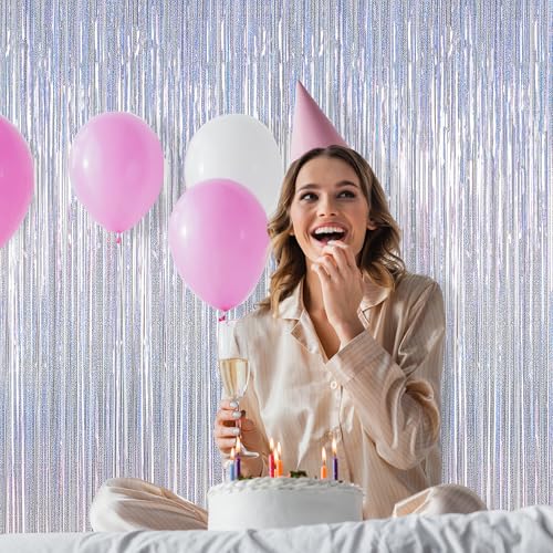 2 Pack Silver Metallic Tinsel Foil Curtains, 3.28 FT x 7.05 FT Glitter Silver Fringe Curtains, New Year Door Streamer Tinsel Backdrop Photo Booth for NYE Party Birthday Engagement Party Decorations - 9