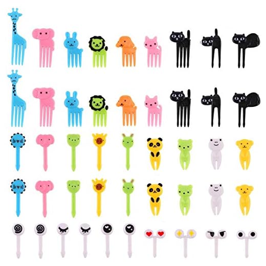 (46 piezas) OOTSR Tenedores de fruta de plástico para niños, palillo de comida de dibujos animados lindo tenedores de postre para fiesta de niños/Bento/Lonchera, Color aleatorio