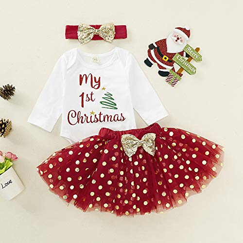 Baby Girl 1st Christmas Outfits Letter Print Romper+Polka Dot Tutu Dress+Headband 3PCS Clothes Set2