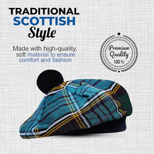 Image of Scottish Tam O' Shanter Hat Tartan Bonnet Pom Pom Wool Flat Cap One Size