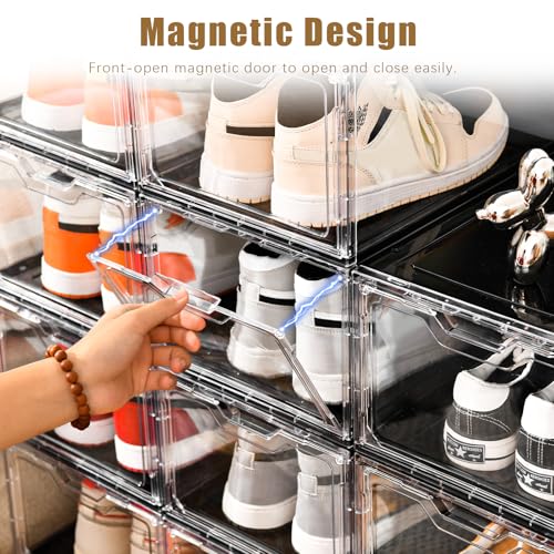 Image of Clemate Upgraded X-Large Shoe Organizer,Shoe Storage Organizer,12 Pack,Shoe Box Clear Plastic Stackable,Drop Front Shoe Box with Clear Door, Shoe Containers For Sneaker Display,Fit up to US Size12