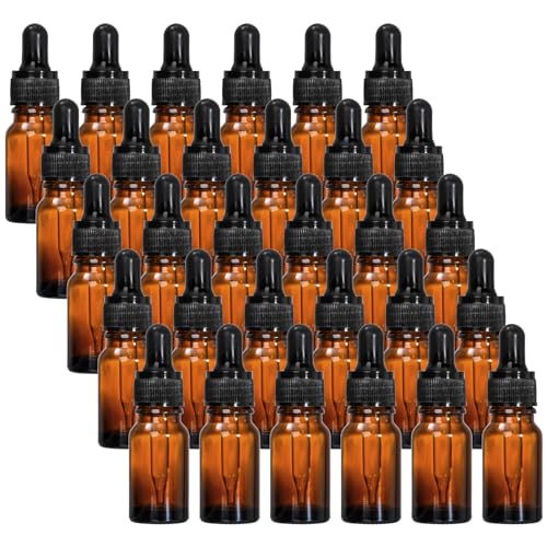 Lawei 30 botellas de vidrio ámbar de 10 ml con cuentagotas de vidrio, pipetas cuentagotas pequeñas botellas de vidrio de muestra recargables para aceites esenciales, perfumes, laboratorio de química