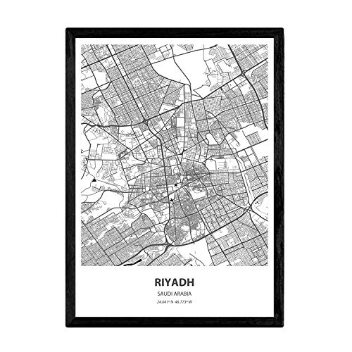 Nacnic Poster con Mapa de Ryadh - Arabia Saudi. Láminas de Ciudades de Oriente Medio con Mares y ríos en Color Negro. Tamaño A3