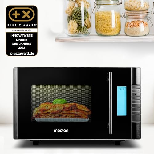 MEDION MD 14482 Mikrowelle mit Grill / 20L Garraum / 8 Automatikprogramme/Auftaufunktion / 800 Watt Mikrowellen- und 1000 Watt Grillleistung/Zeitschaltuhr/Grillrost/silber/schwarz – Bild 3