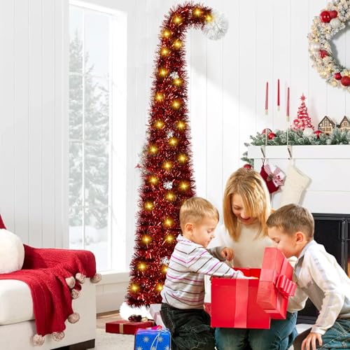Árvore de Natal dobrável com 50 luzes LED, 150 cm Pop Up árvore de Natal artificial iluminada, árvore de pinheiro de Oropel, lápis de árvore com suporte, para decoração festivais casa escritório