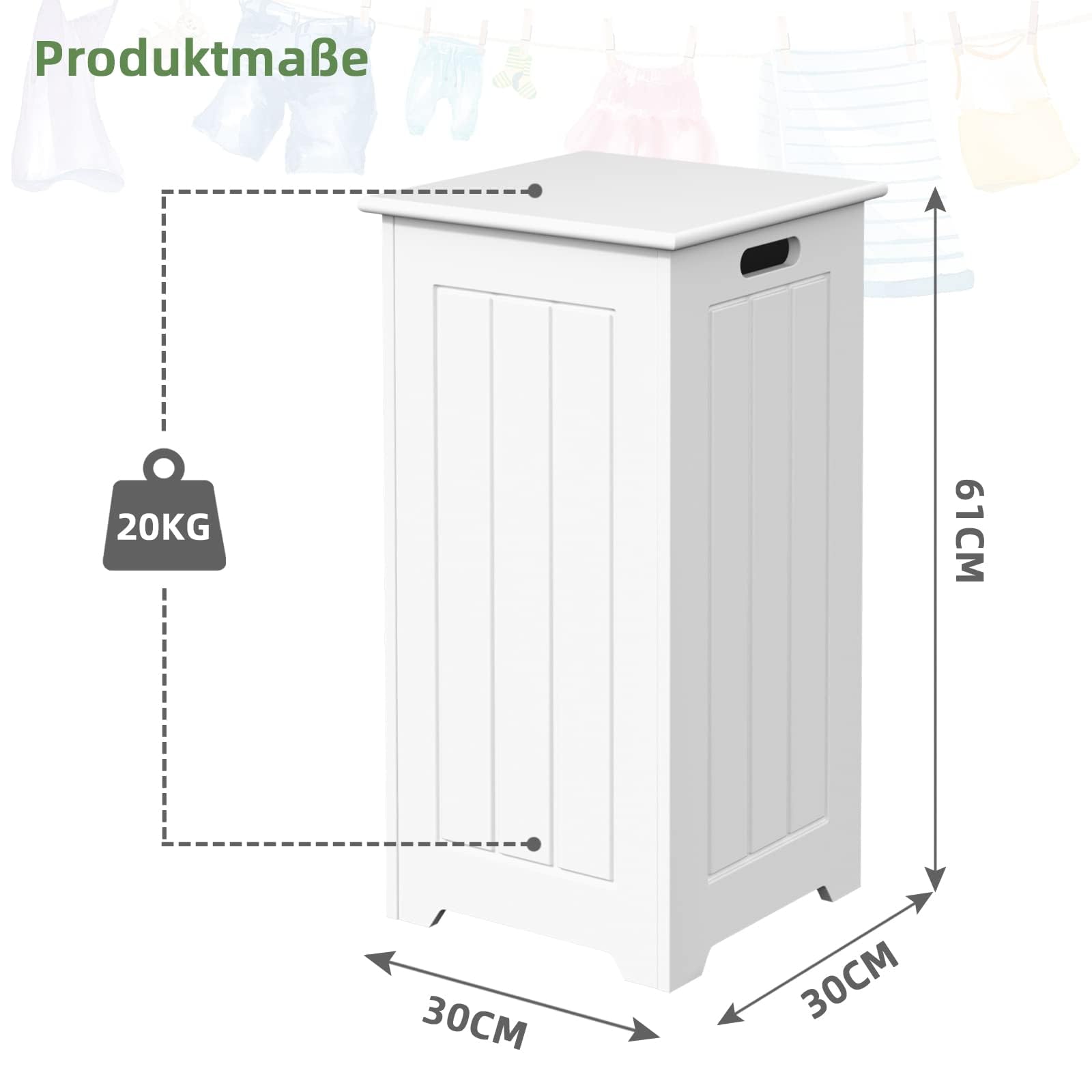 COSTWAY Wäschekorb mit Deckel, Wäschesammler 30cm breit, Wäscheschrank, Wäschetruhe Holz, Badschrank schmal, Aufbewahrungsschrank für Badezimmer & Waschküche, weiß