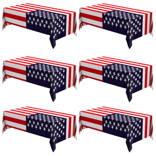 Image of Newwiee 6 Pcs 4th of July Patriotic Tablecloth Disposable American Flag Table Cloth Plastic Red White Blue Independence Day Rectangle Table Cover 250th Decoration(Patriotic Flag Style,51x71)