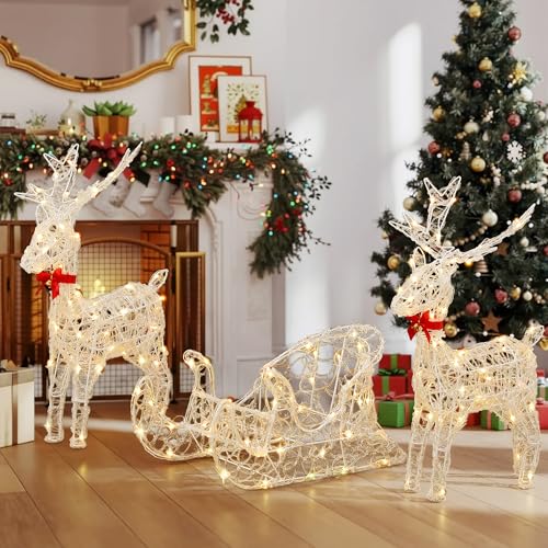 LED Rentier mit Schlitten 28 YITAHOME 3-teiliges LED Rentier, Beleuchtete Weihnachtsdekoration mit...