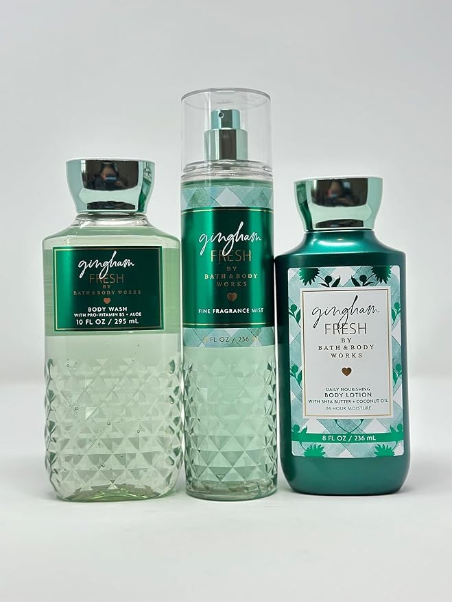 Gingham Fresh) Gift Set Daily Nourishing Body Lotion Fine Fragrance Mist Body Wash (3 Pcs Bundle,