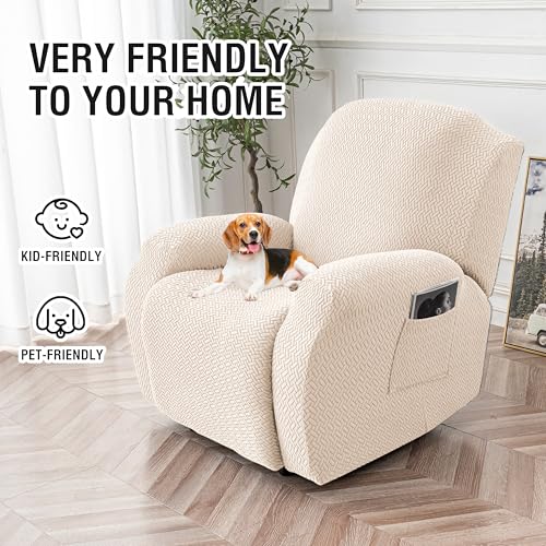 Image of Genina Recliner Chair Cover, Stretch Reclining Chair Covers, Recliner Sofa Slipcovers Stripe Jacquard Lazy Couch Covers Furniture Protector Covers for Pet Kid (Beige, 1 Seat)