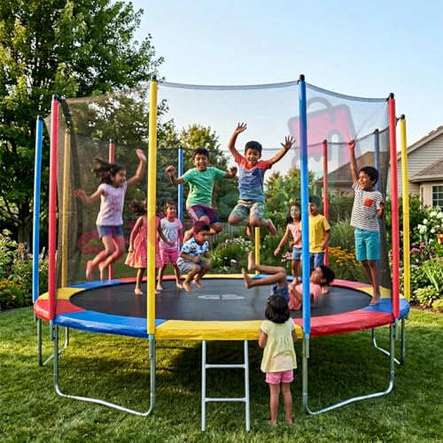 Image of Shopster Fitness Heavy GS 16 Feet Jumping Trampoline for Kids & Adults with Safety Enclosure Net, Jumper Mat (Supports Weight Capacity of 400Kgs), Indoor & Outdoor, (Dia- 16 ft), Rainbow