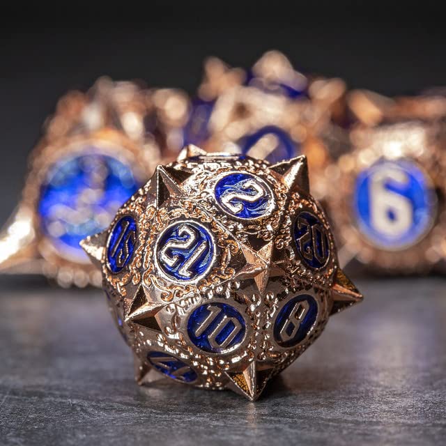 Sage's Portal Enchanted Morning Stars DND Dice Set 7-Pc Spiked Metal Polyhedral Dice for Dungeons and Dragons TTRPG Pathfinder (Copper/Blue)