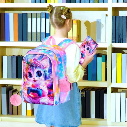 Image of CCJPX 3Pcs Cat Backpack for Girls, 16 inch Kids Sequin Bookbag with Lunch Box, Cute Water Resistant Schoolbag for Preschool Kindergarten Toddler(Pink)