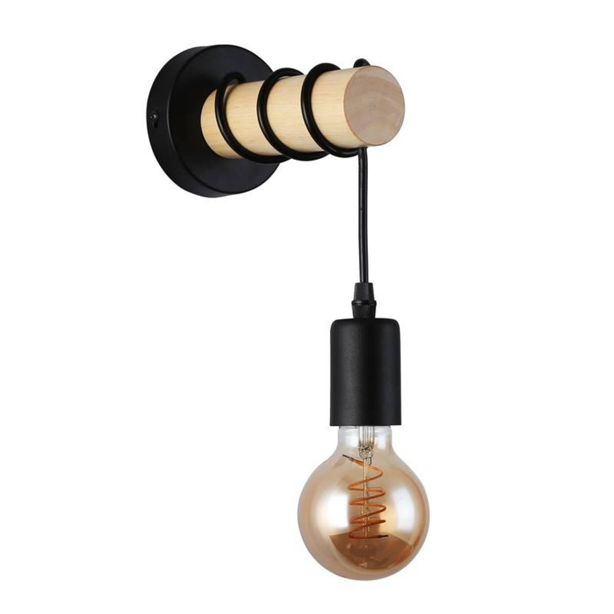 B·LED BARCELONA LED BarcelonaLED Okrągła lampa ścienna z naturalnego drewna z gniazdem E27 czarny wisiorek kabel w stylu vintage nordycki do przedpokoju sypialni salonu