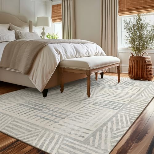 Image of Area Rug 5x7 Abstract Geometric Textured Brushstroke - Neutral Gray & Light Blue Modern Minimalist Area Rug, Decorative Carpet for Living Room Bedroom Home Decor