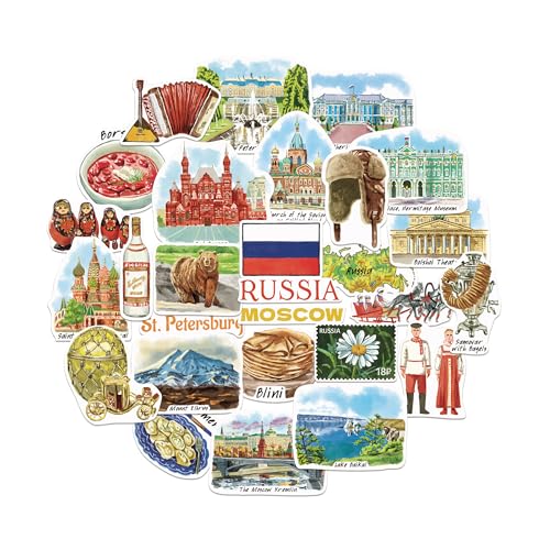 Navy Peony Fascinants Autocollants de Voyage en Russie (28 pièces) – Illustrés à la Main, Décorations sur le Thème de Moscou et Saint-Pétersbourg pour Carnets, Albums et Bagages