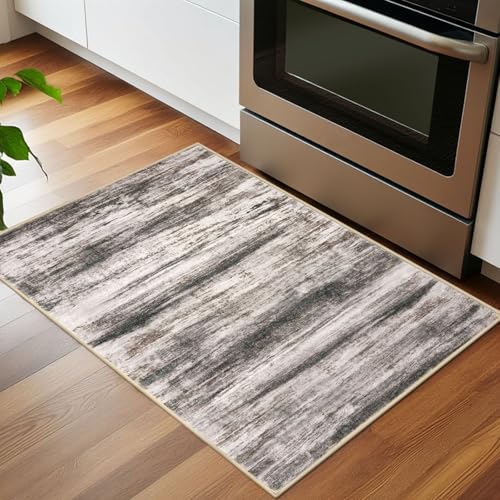 KOZYFLY Small Area Rug 2x3 Rug Entryway Rugs Modern Abstract, Washable Kitchen Rug Non-Slip Soft Rug, Black Brown Striped Entryway Rugs Abstract Print Faux Wool Doormat for Bedside Entrance