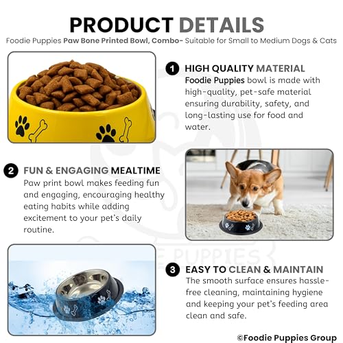 Image of Foodie Puppies Stainless Steel Dog Bowl Combo - (Medium, 700ml) Food and Water Feeding Gift Bowl | Suitable for Dogs, Cats and Other Pets I Paw Bone Print, Anti-Skid Rubber Base (Black + Yellow)