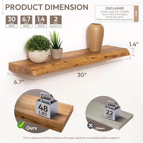 Marsmiles 30 inch Floating Shelves for Wall Elm Wood Live Edge Shelves|Rustic Wall Shelves with Invisible Heavy-Duty Bracket for Bathroom Living Room Kitchen|Natural, 2 Pack - Image 4