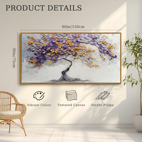crmotu Tree of Life Large Framed Wall Art, Purple Tree Abstract Art Wall Decor, Modern Neutral Plant Canvas Prints, Minimalist Wall Pictures for Living Room Bedroom Yoga Office Decorations 30x60inch