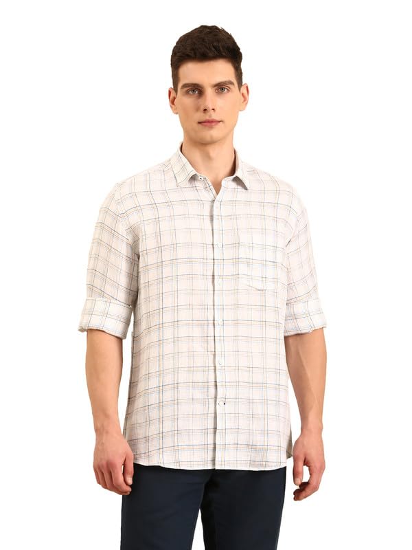 Image of Linen Club Men's Pure Linen Checked Contemporary Fit Full Sleeve Casual Shirt
