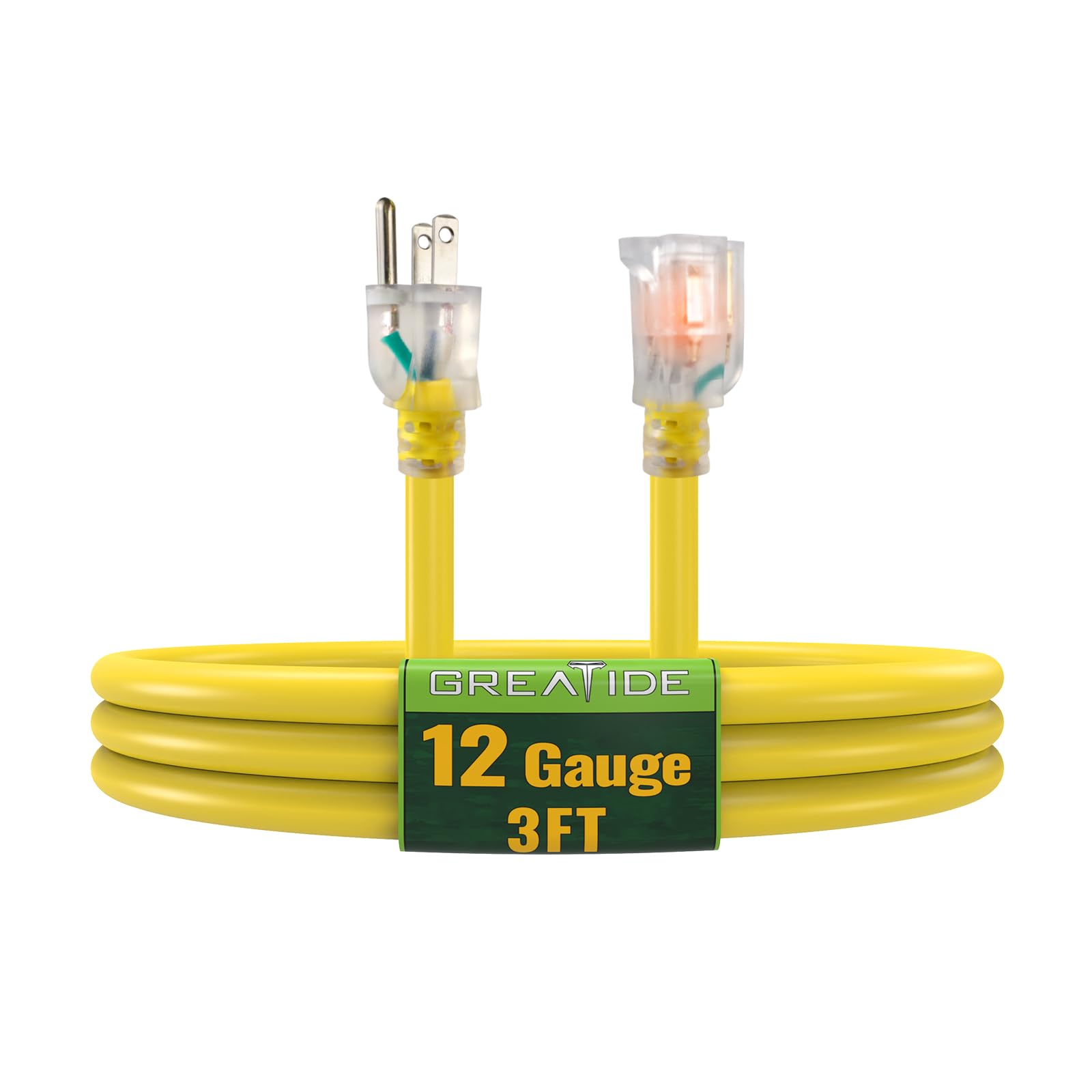 GREATIDE Indoor Extension Cord with Lighted End, 12 Gauge Heavy Duty 3 FT, 3 Prong Grounded 15 Amp Extension Cord, 12/3 SJTW Power Cord for Garage,