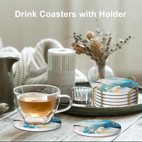 Image of 6 Pcs Light Blue Abstract Wood Coasters with Iron /Metal Holder Best Round Drink Coaster for Desk Lounge Coasters Coffee Wine Coasters Beverage Bar