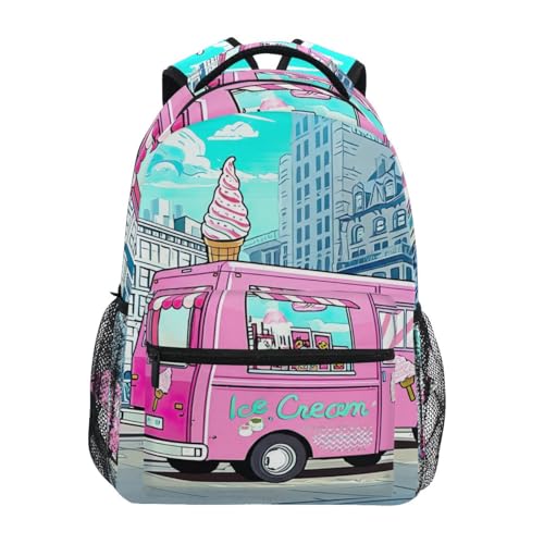 Cute Pink Ice Cream Truck Kids Backpack for Girls Boys Large Capacity School Bag Bookbag Travel Lightweight Backpack