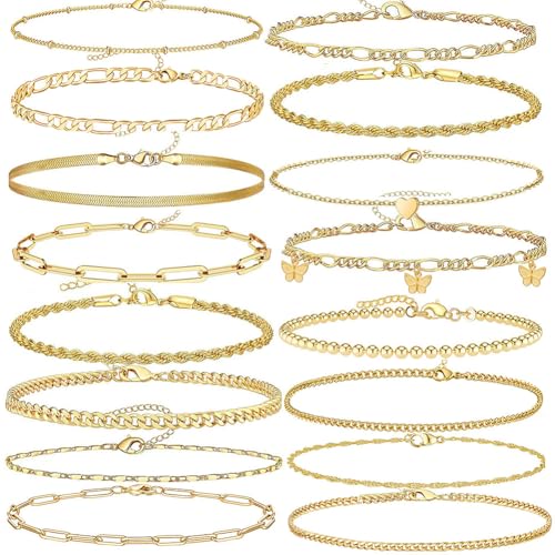 Image of 17Pcs Boho Gold Chain Ankle Set For Women 14K Gold Plated Multiple Bohemian Chain Beach Anklet Bracelet Jewelry Set Friendship Gift (ANKLET 1880GD)