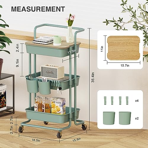 Image of DTK 3 Tier Rolling Utility Cart with Cover Top Board, Movable Kitchen Storage Cart Trolley with Lockable Wheels, Cups, Hooks for Kitchen Bathroom Home Office Art Craft Storage(Turquoise /Green)