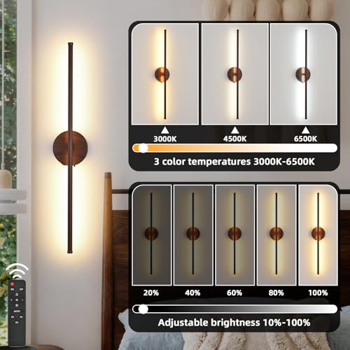 Image of Wall Sconces Battery Operated Set of Two, Faux Walnut Finish Wall Light with Remote Control 350 Rotate, 27.6 Inch Dimmable USB Rechargeable Wall Lamp for Living Room Bedroom Hallway