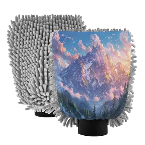 Kigai Beautiful Mountain Scenery Car Wash Mitt Microfiber, 2Pcs Scratch Free Lint-Free, Premium Chenille Microfiber Mitt Car Wash Brush-L