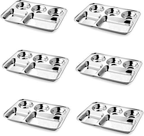 Apro Stainless Steel Dinner Plate/Thali with Rectangle Compartments, Silver, Set of 6