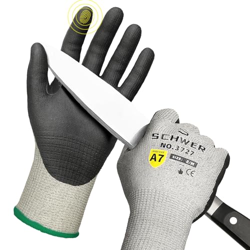 Schwer Guantes de Trabajo Anticorte Nivel A7/F con Pulgar Reforzado - Para Trabajos de Alto Riesgo, Madera y Construcción - Antideslizantes, Duraderos y Seguros,M