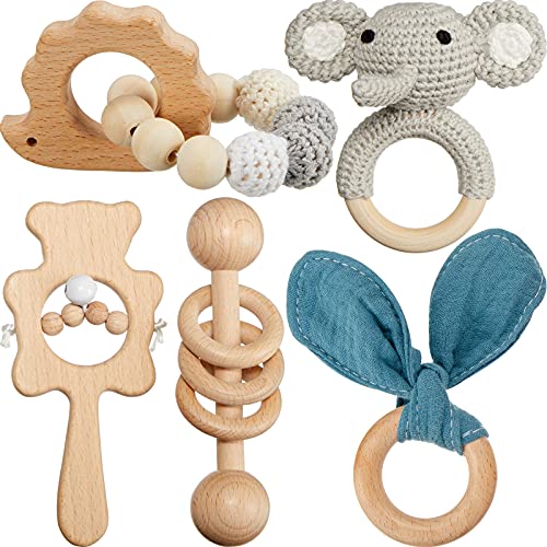 5 Pieces Baby Wooden Teether Wooden Rattle Baby Rattle Toys Crochet Elephant Teether Wood Teething Ring with Crochet Beads Baby Wooden Toy Boys and Girls